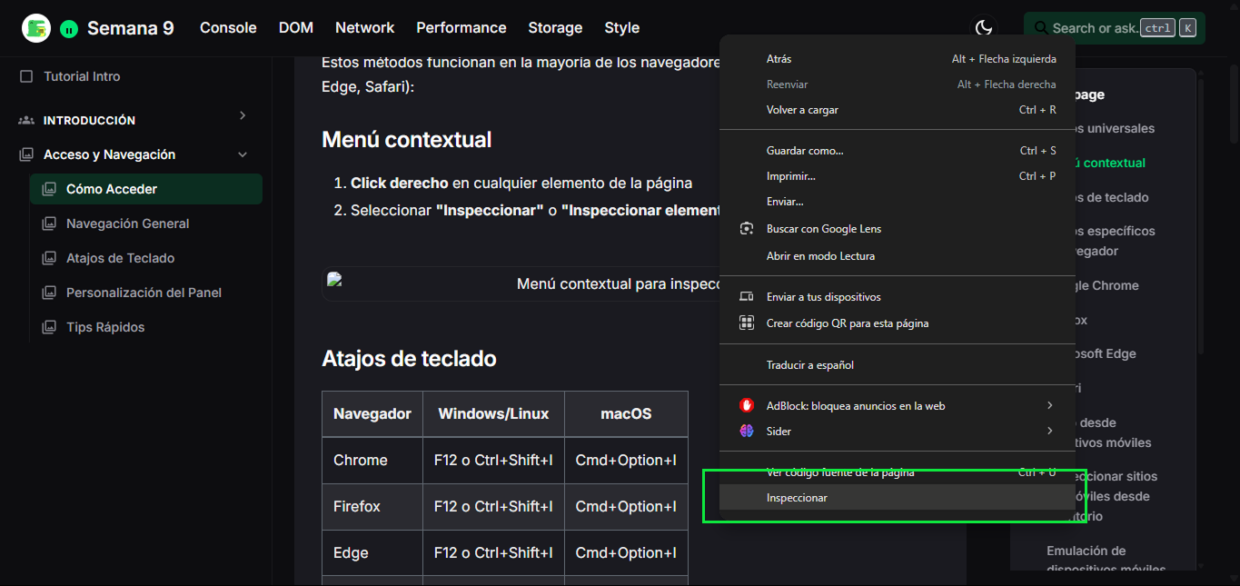 Menú contextual para inspeccionar
