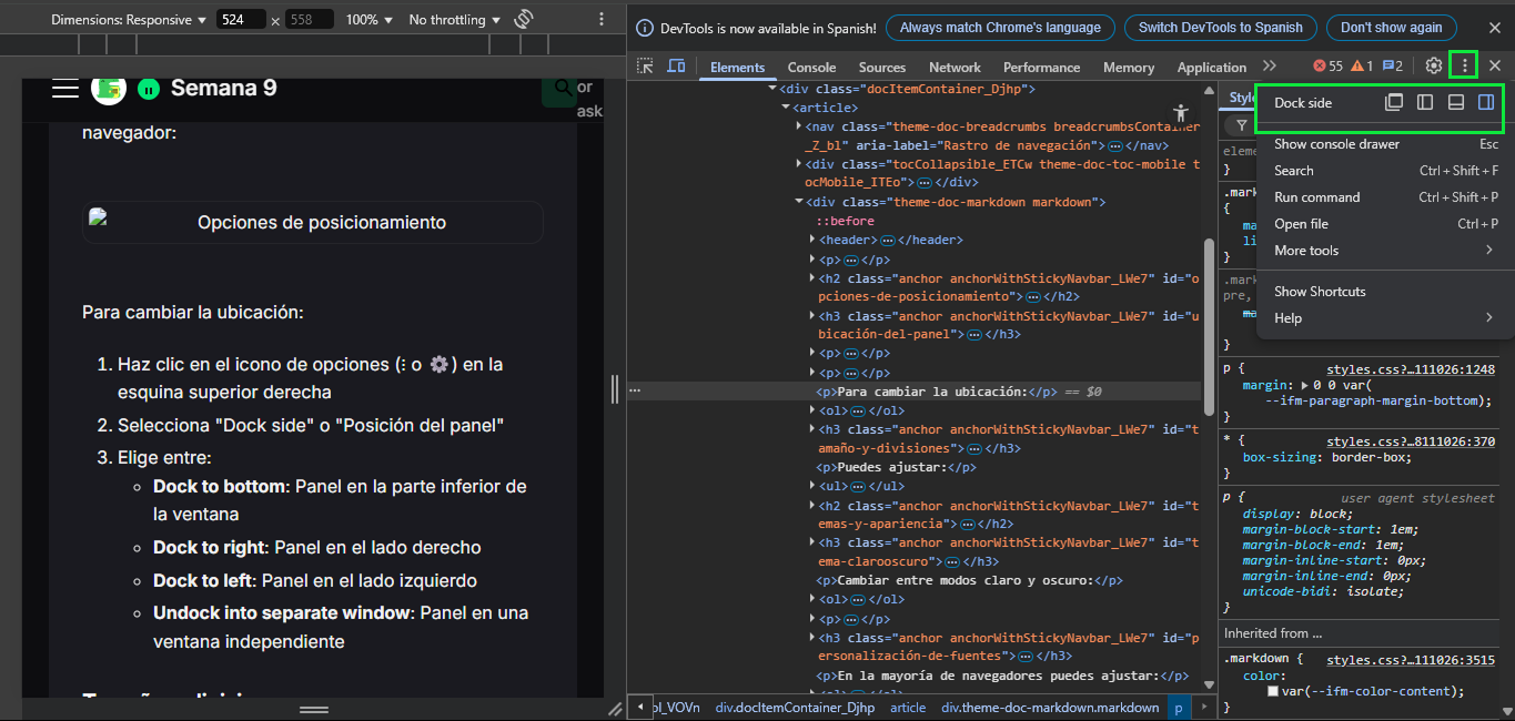 Opciones de posicionamiento